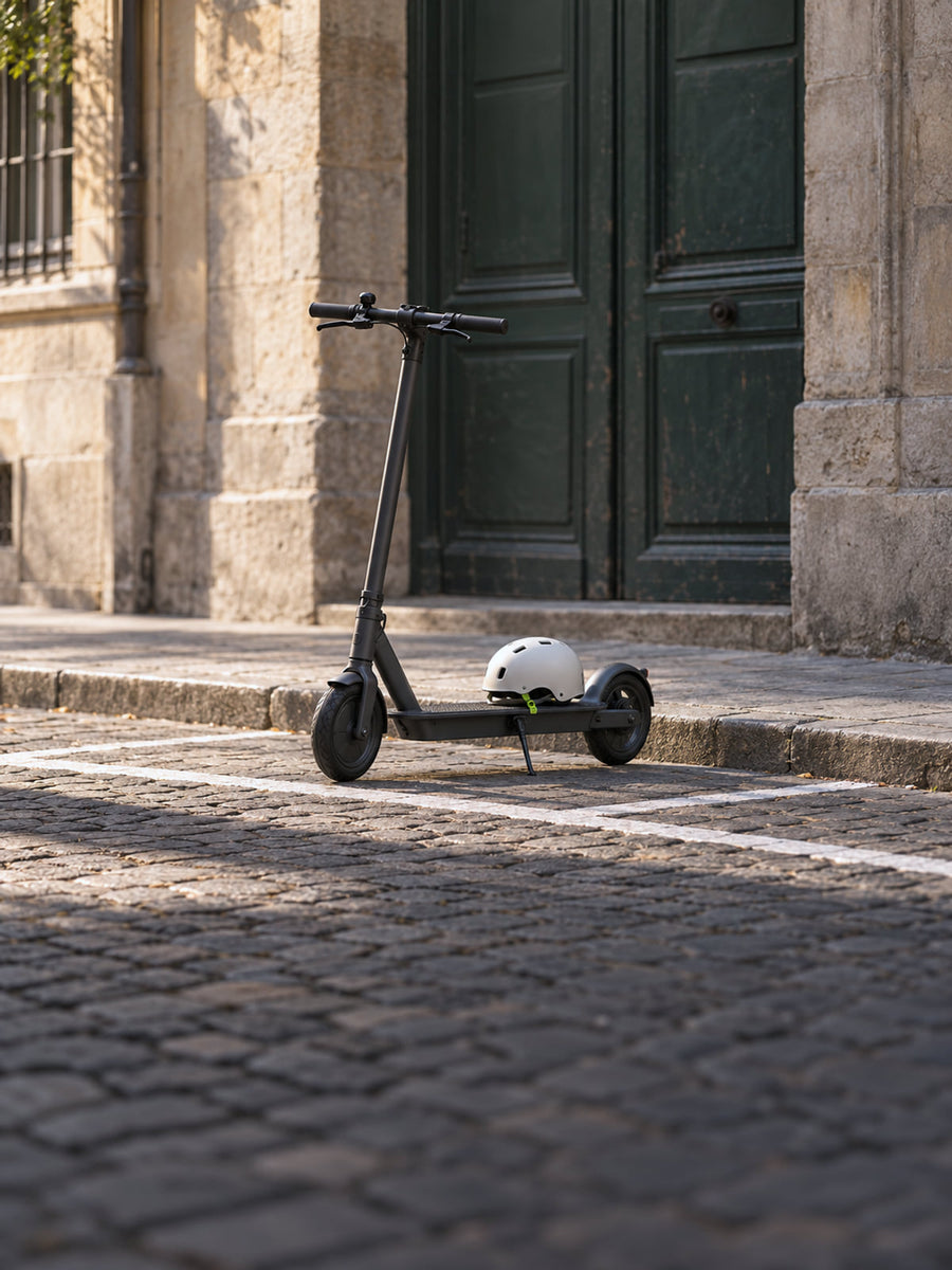 Trottinette électrique anthracite garée sur un emplacement deux-roues dans une rue pavée du Vieux-Lyon, casque posé sur le plateau