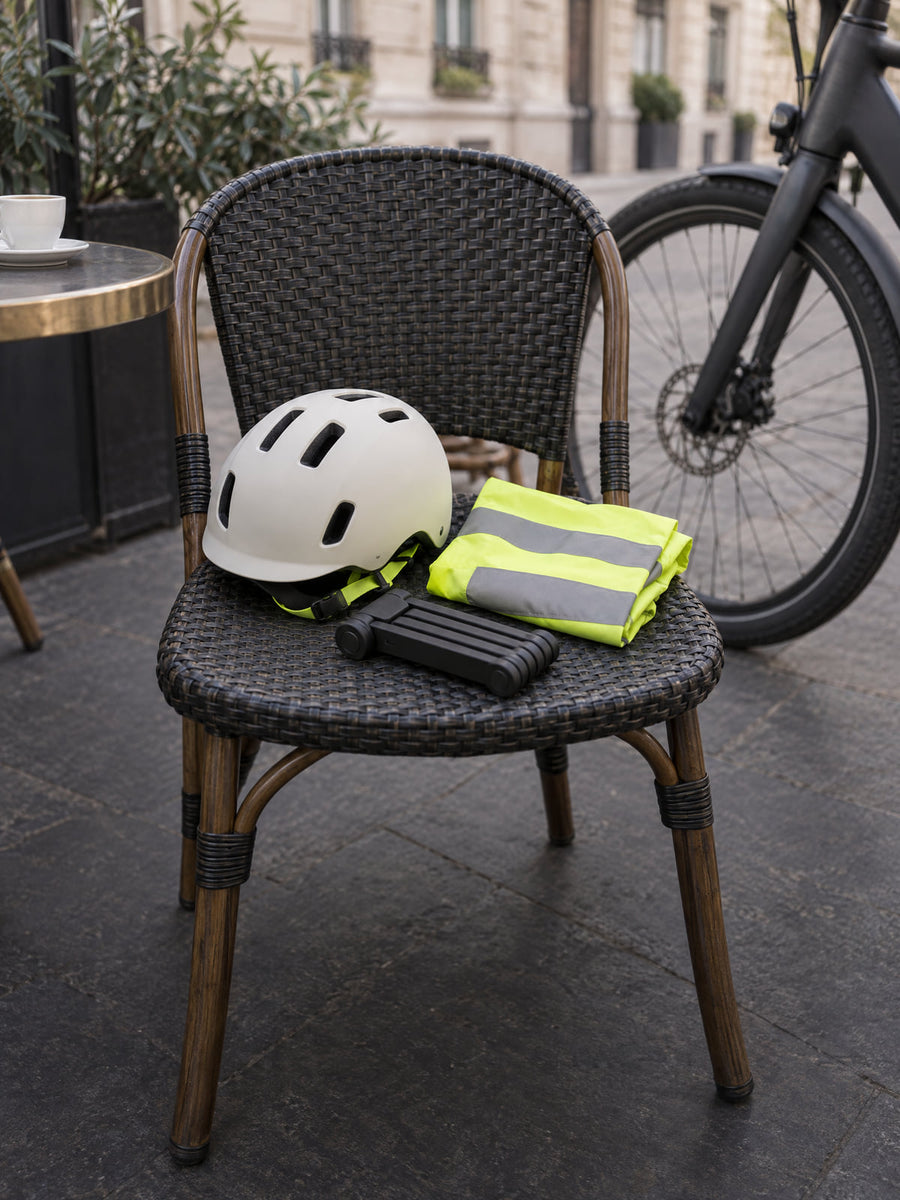 Casque urbain, gilet réfléchissant et antivol pliant posés sur une chaise de terrasse parisienne, à côté de la roue d'un vélo électrique