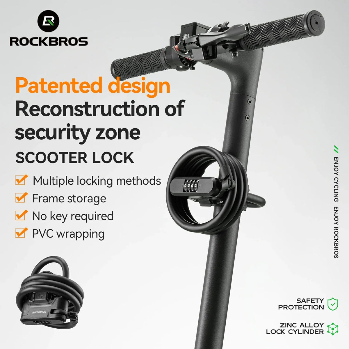 Antivol en U à code avec câble pour trottinette et vélo ROCKBROS – vue 4